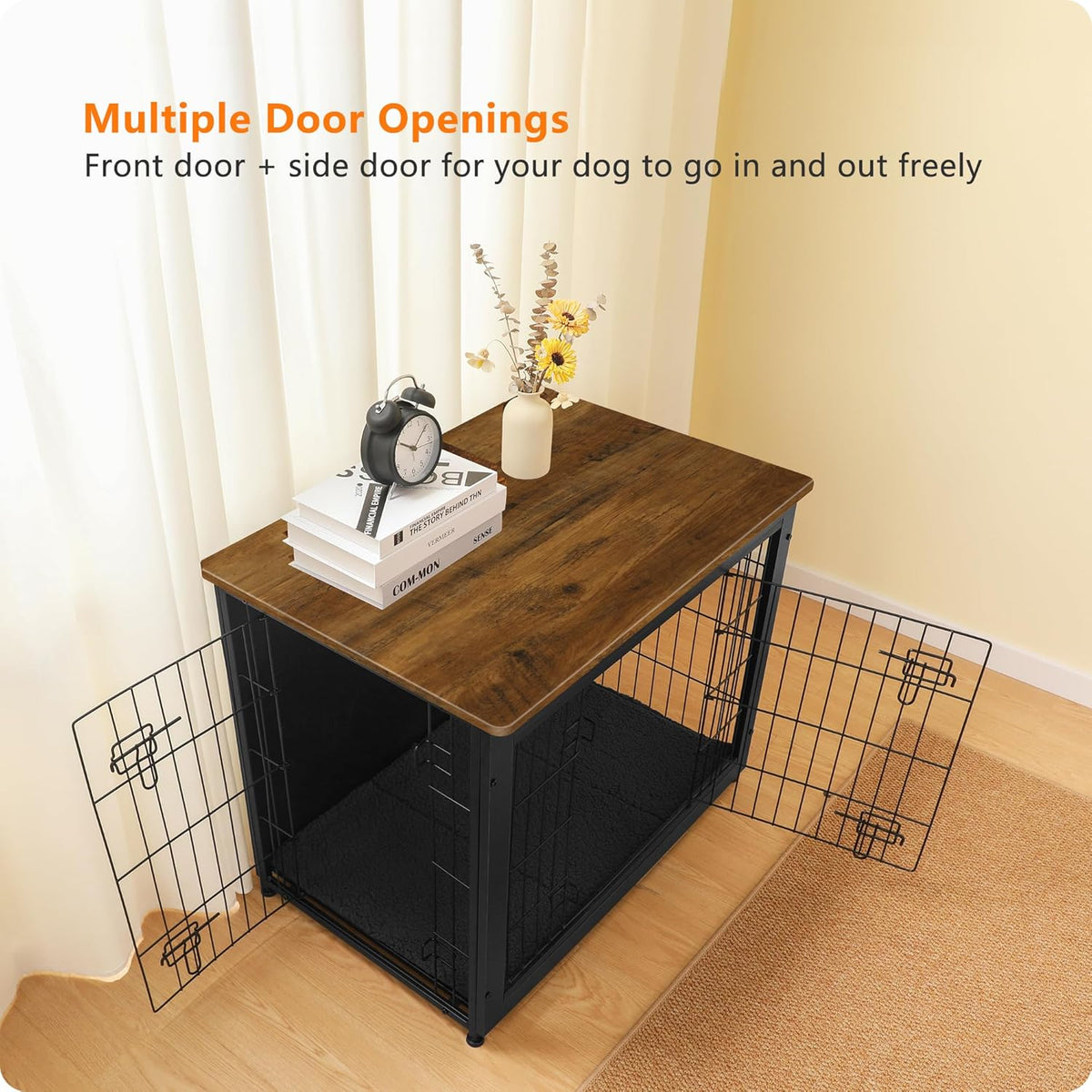 DWANTON Dog Crate Furniture with Cushion, Wooden Kennel Table with Double Doors, Indoor Dog House
