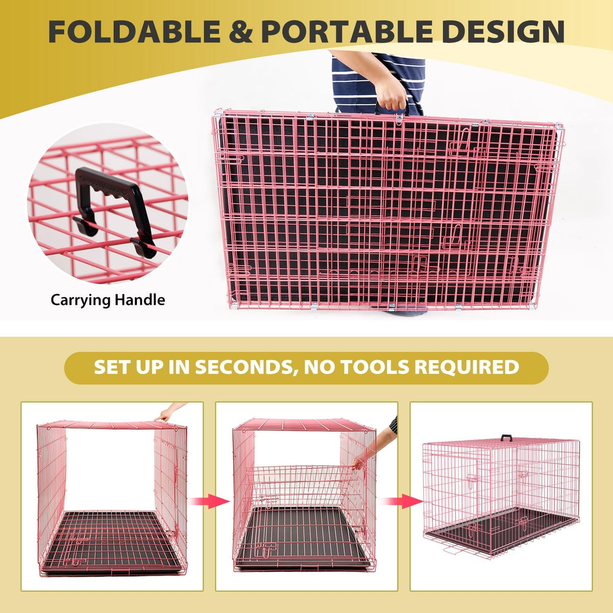 BestPet | Dog Crate | 48" | Pink | Foldable Metal Kennel with Double Doors, Secure Slide-Bolt