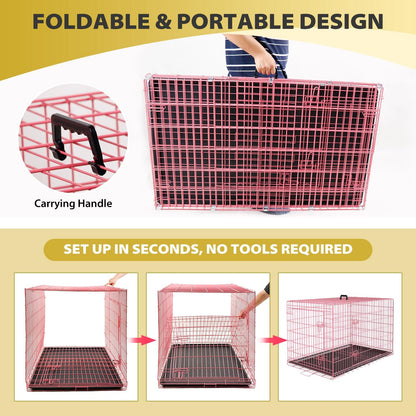 BestPet | Dog Crate | 48" | Pink | Foldable Metal Kennel with Double Doors, Secure Slide-Bolt