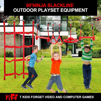 Ninja Warrior Obstacle Course for Kids Backyard with A Pair of Knee Pads, 60’ Ninja Slackline and