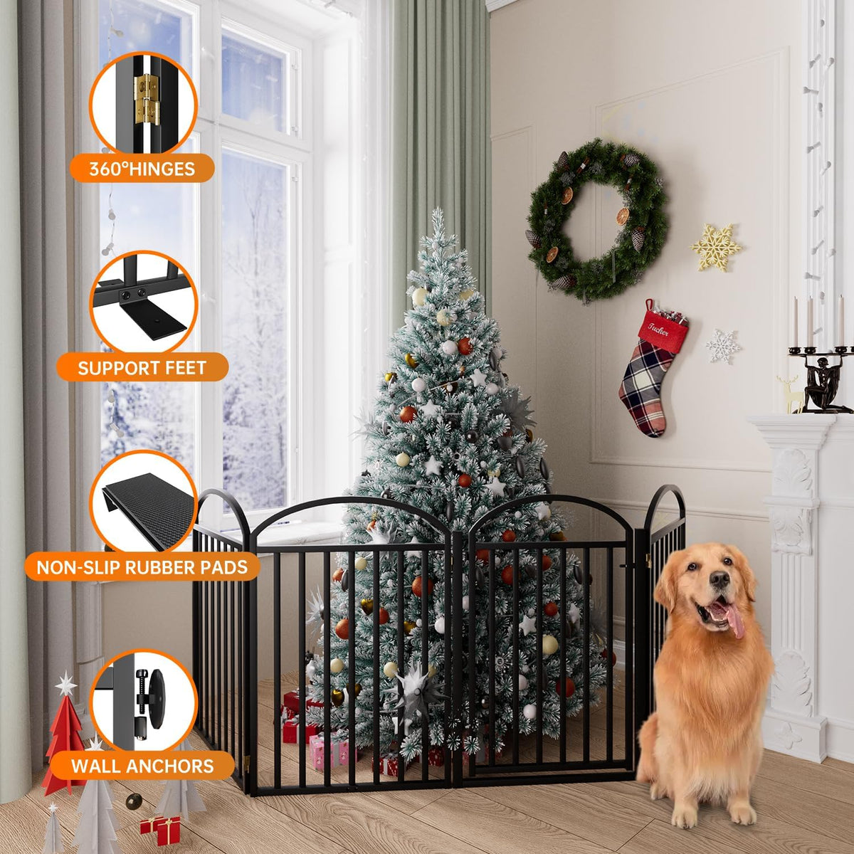 4 Panles Full Matel Freestanding Dog Gates with Door, 96"Extra Wide 32"Tall Free Standing Dog Pet