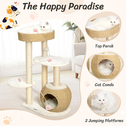 KAMABOKO Modern Cat Tree, 39" Tall Cat Trees for Indoor Cats, Cat Condo Natural Sisal with