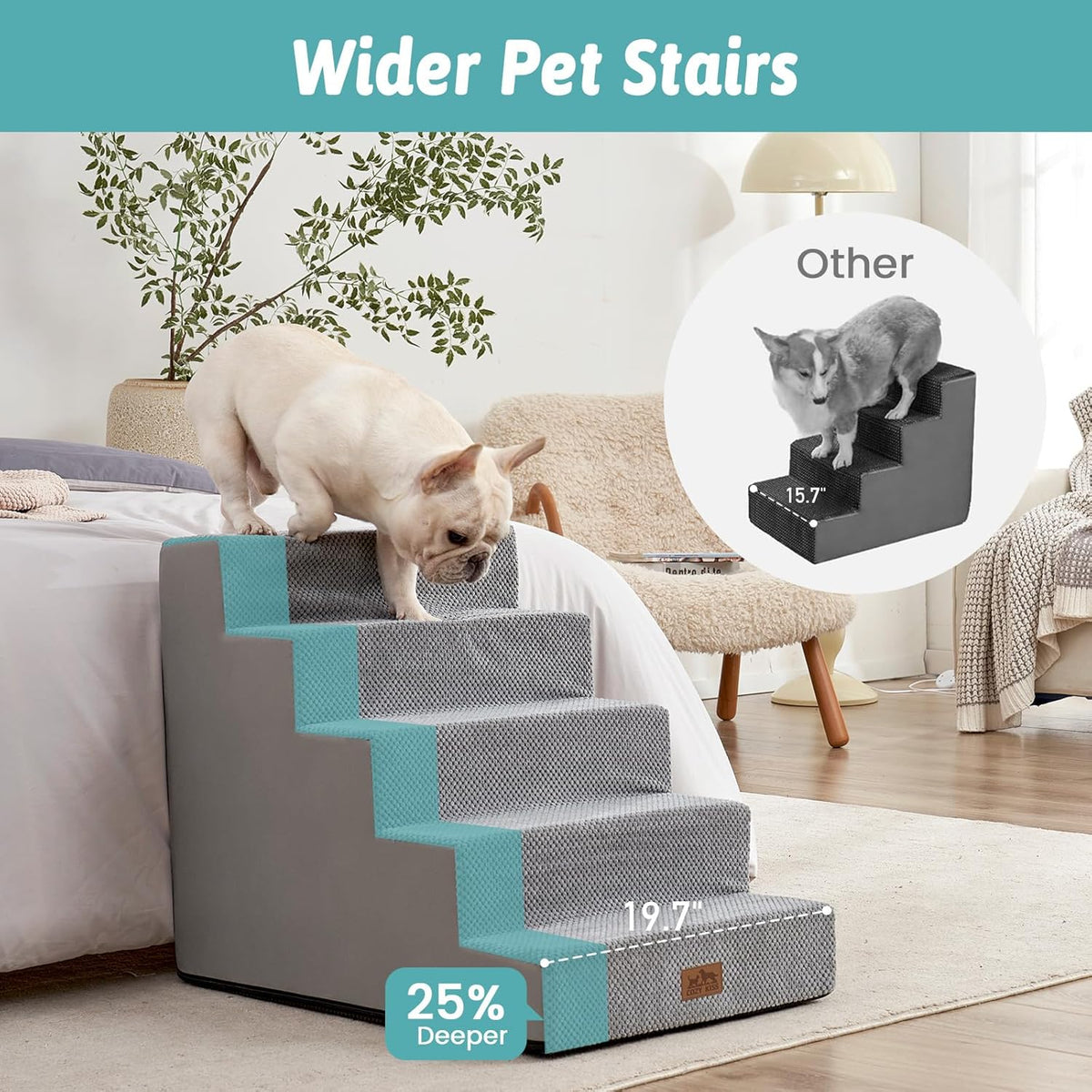 Dog Stairs for Small Dogs, 5 Tier Wider Pet Stairs for High Beds, 23.6" H Non-Slip Dog Steps for