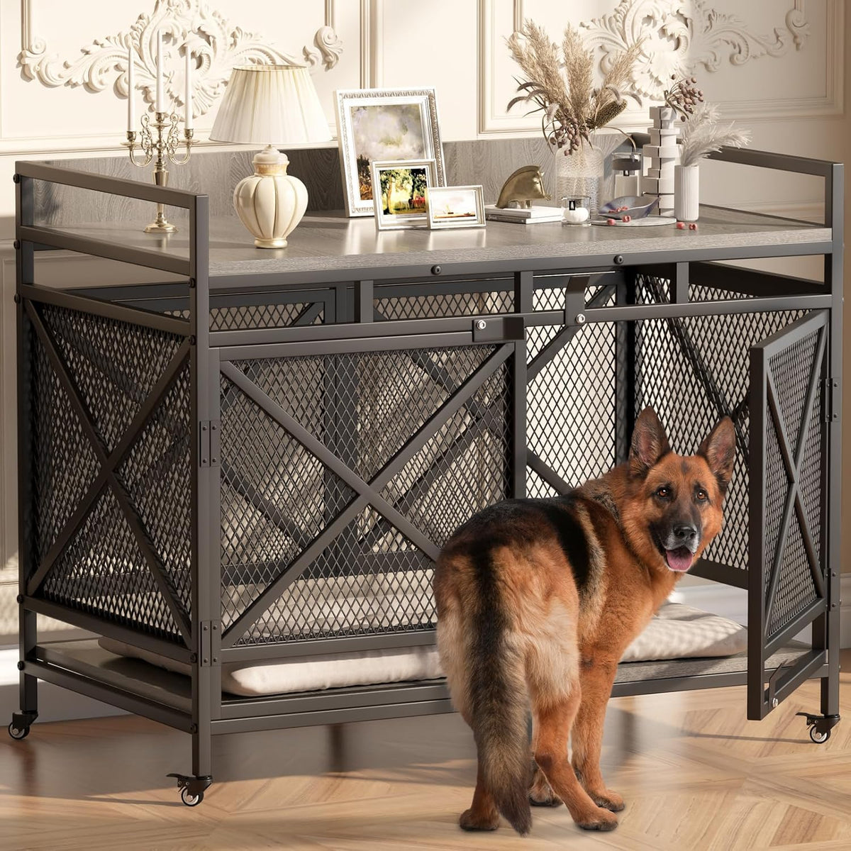 COZPAW Large Dog Crate Furniture, 48 Inch Wooden Dog Kennel for XLarge Dogs, Heavy Duty Dogs