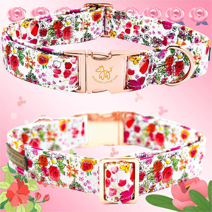 Elegant little tail Dog Collar, Pink Rose Print Pet Collar Summer Dog Collar Durable Metal Buckle