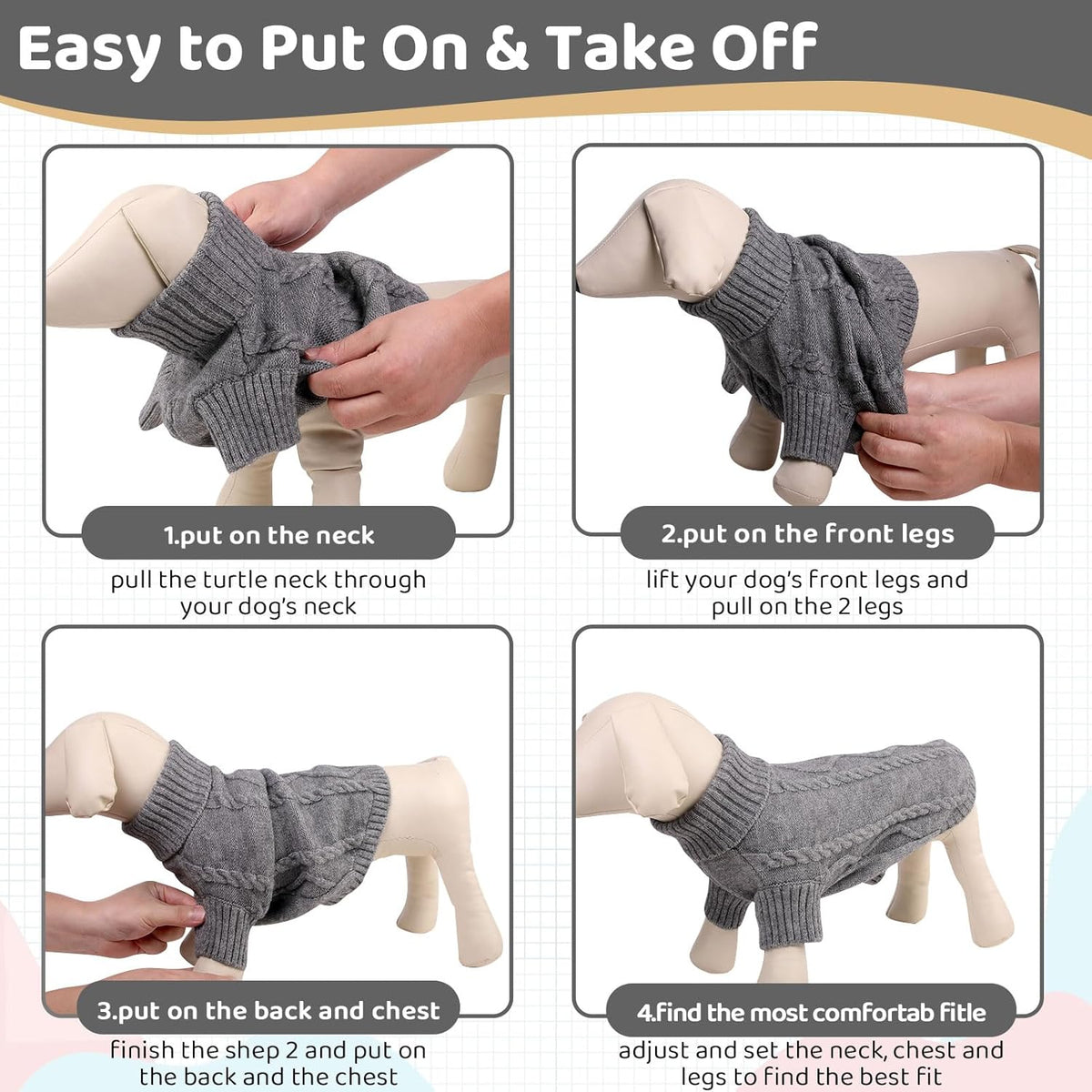 Queenmore Small Dog Pullover Sweater, Cold Weather Cable Knitwear, Classic Turtleneck Thick Warm