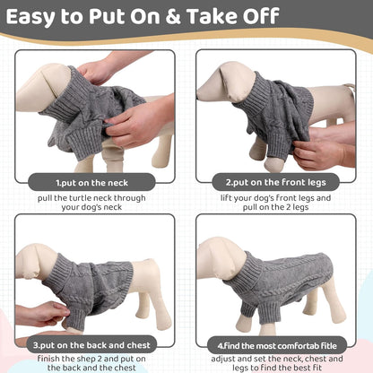 Queenmore Small Dog Pullover Sweater, Cold Weather Cable Knitwear, Classic Turtleneck Thick Warm