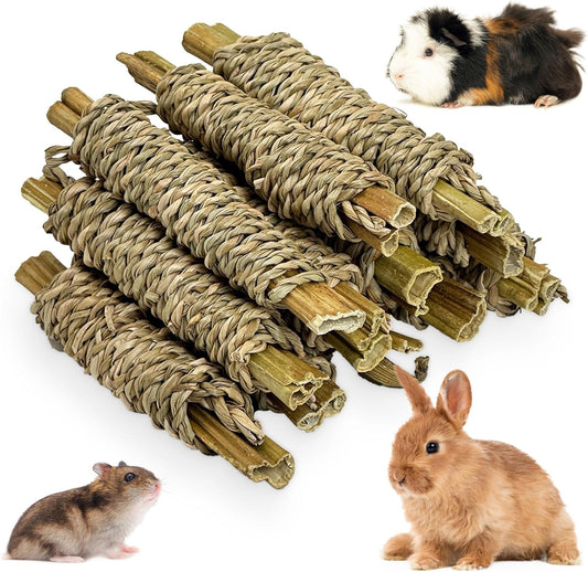 Fhiny 12 PCS Rabbit Chew Sticks, Natural Papaya Wood Seagrass Guinea Pig Chew Toys for Teeth Small