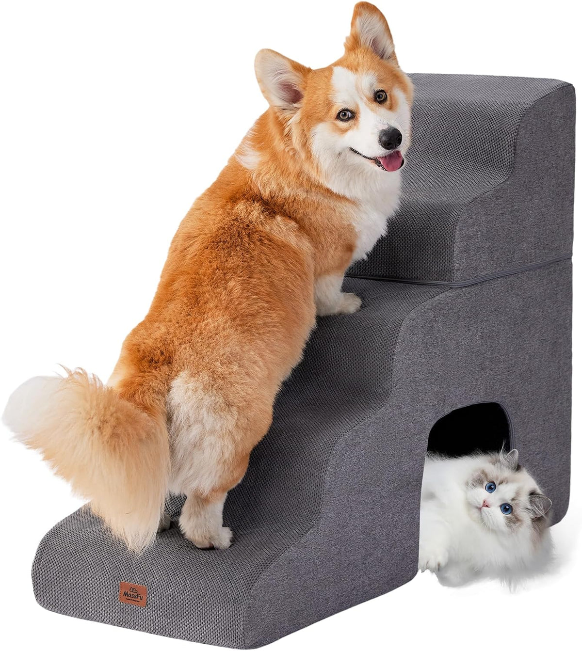 Gray Curved Dog Stairs Ramp for High Beds 28.7" H, 5-Step Dog Steps for Small Dogs and Cats, Pet