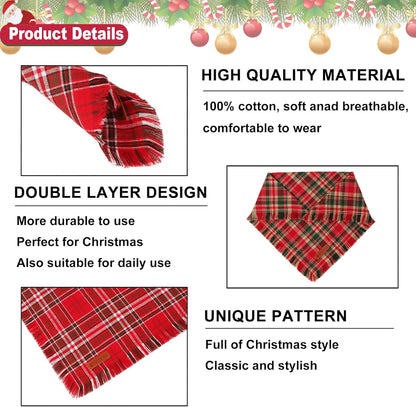 ADOGGYGO Christmas Dog Bandanas with Tassels Edges, Stylish Red Plaid Xmas Scarf, Multiple Sizes