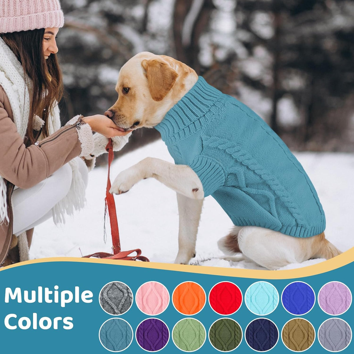 Queenmore Small Dog Pullover Sweater, Cold Weather Cable Knitwear, Classic Turtleneck Thick Warm