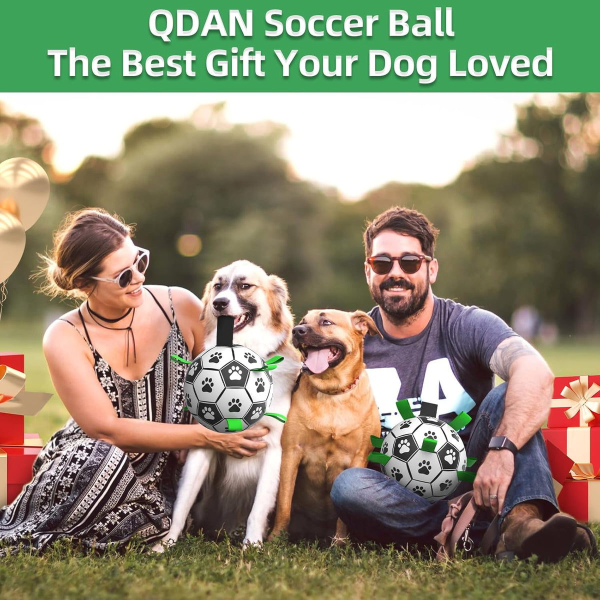 QDAN 2 PCS Dog Toys Soccer Ball Set with Straps, Interactive Dog Toys for Tug of War, Puppy