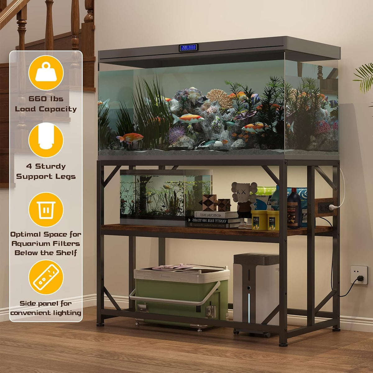 Sturdy Metal Aquarium Stand with Power Outlets, Adjustable Storage Cabinet - 660LBS Capacity