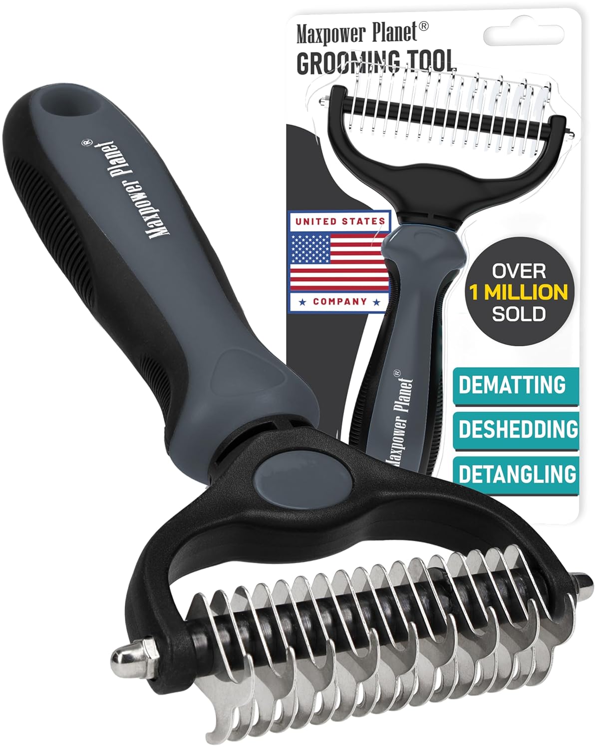 Maxpower Planet Pet Grooming Brush - Double Sided Undercoat Rake for Dogs and Cats, Extra Wide