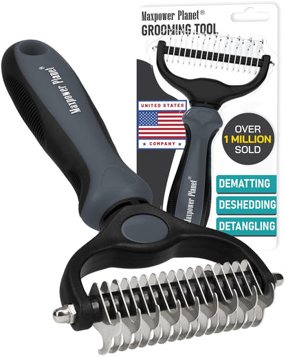 Maxpower Planet Pet Grooming Brush - Double Sided Undercoat Rake for Dogs and Cats, Extra Wide
