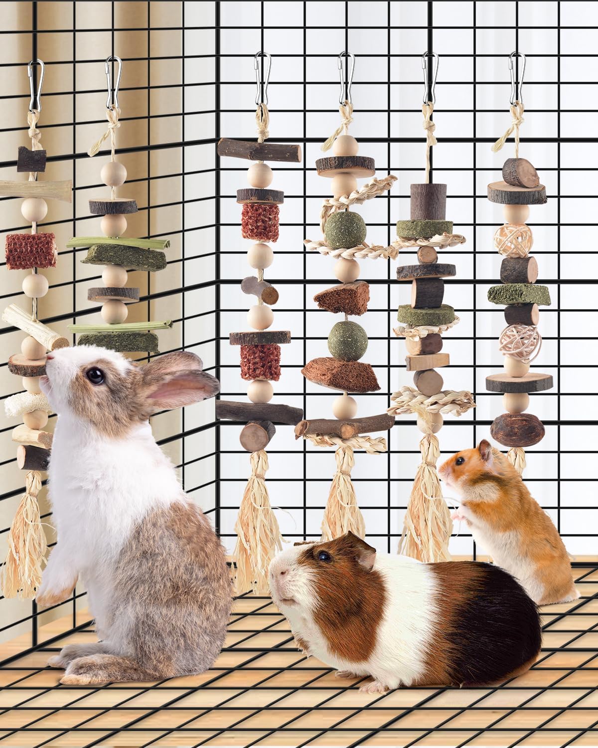 6PCS Bunny Chew Toys, Hamster Rabbit Cage Hanging Chew Toys, Natural Apple Wood Bunnies Treats