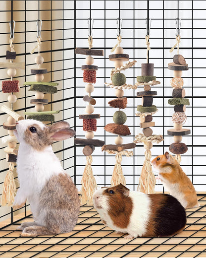 6PCS Bunny Chew Toys, Hamster Rabbit Cage Hanging Chew Toys, Natural Apple Wood Bunnies Treats
