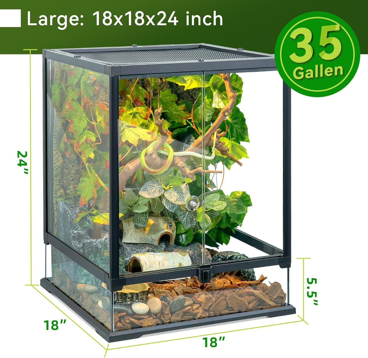 Glass Reptile Tank Front Opening Terrarium Suitable for Leopard Geckos, Snakes, Tree Frogs