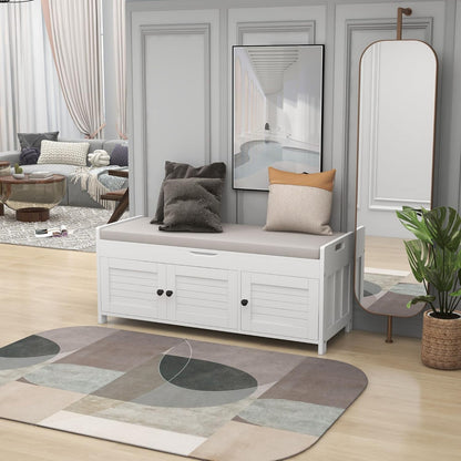 Storage Bench with 3 Shutter-Shaped Doors, Pine Wood Shoe Bench with Removable Cushion and Hidden