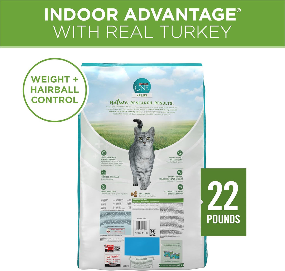 Purina ONE Natural, Low Fat, Weight Control, Indoor Dry Cat Food, +Plus Indoor Advantage - 22 lb.