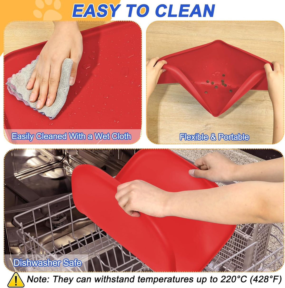 Silicone Pet Feeding Mat with Raised Edge for Food and Water, Dog Bowl Mats, Cat Bowls Placemat