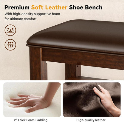 Shoe Bench Storage Rubberwood with Leather Cushion for Entryway Bench Ideal for Hallways Shoe Rack