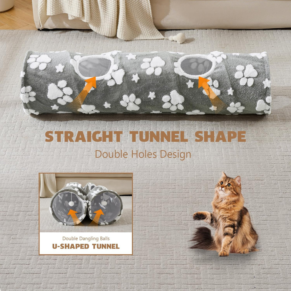 Straight Cat Tunnel for Indoor Cats 47"x12", Cute Cat Toys Collapsible Tunnel Tube with Balls for
