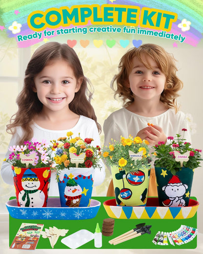 RGBDOT Kids Gardening Set Paint and Plant Stoneware Flower Gardening Kit with 4 Pots Arts and