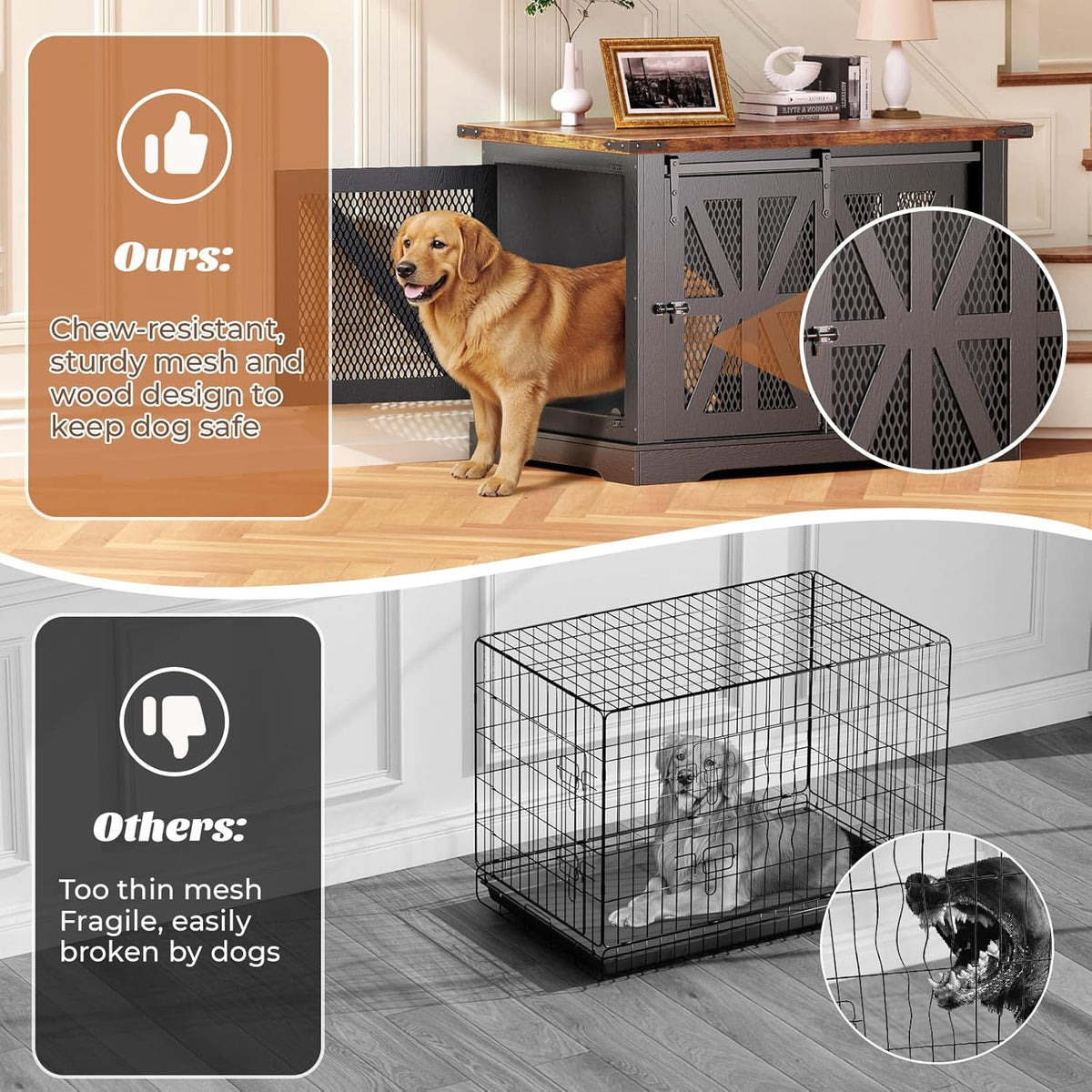 VOPEAK 43.3" XL Dog Crate Furniture, Chew Resistant Dog Crate for Medium Large Dogs, Heavy Duty
