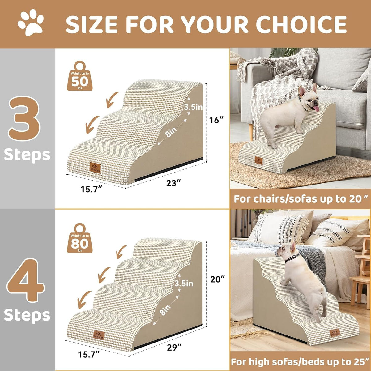 Dog Ramp and Stair for Bed 16" H-20 H,3-Step Cat Stair for Sofa and Chair,4-Step Dog Ramp for High