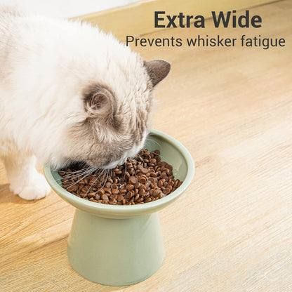 Extra Wide Elevated Ceramic Cat Food Bowl - 6.2" Shallow Dish for Whisker Fatigue Relief, 5" Height