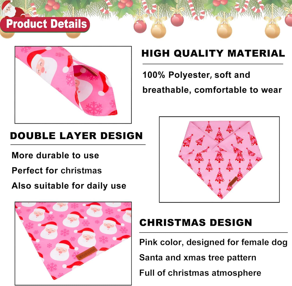 ADOGGYGO Christmas Dog Bandana, Xmas Tree Santa Pet Scarf, Premium Durable Fabric, Adjustable Fit