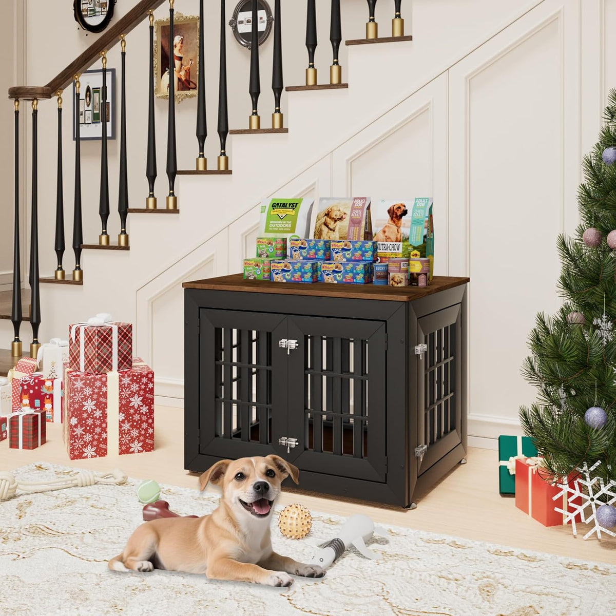 32" Heavy Duty Dog Crate Furniture for Small,Medium and Large Dogs,Rustic Wooden Dog Cage Kennel