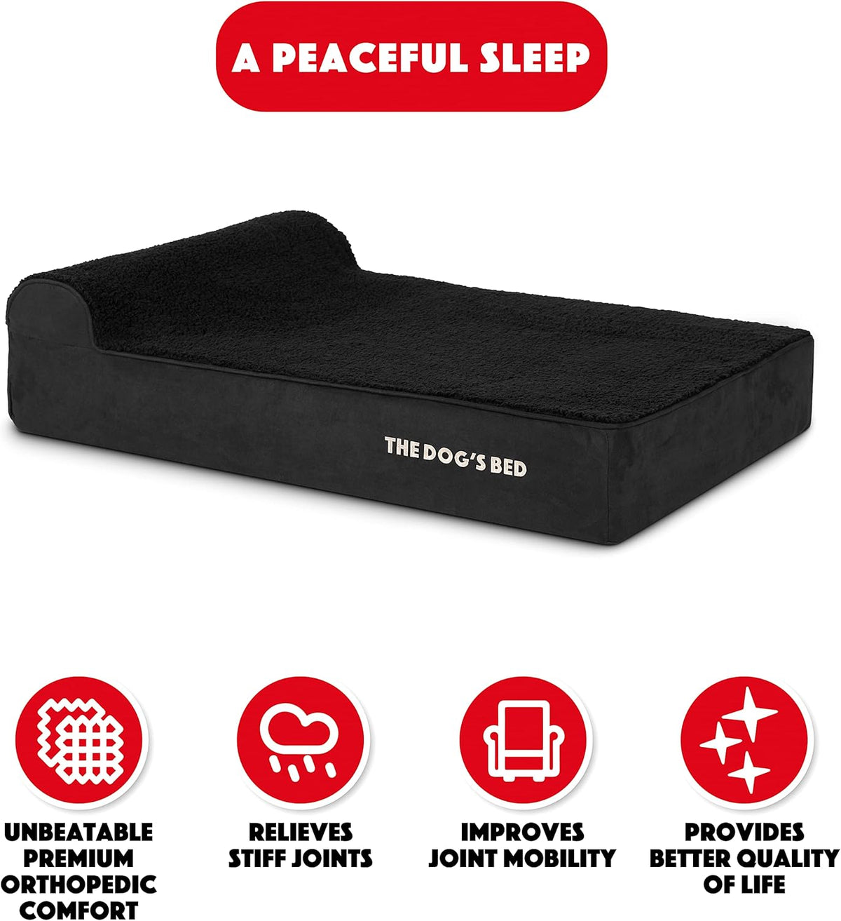 The Dog’s Bed Orthopedic Headrest Dog Bed Large Black Plush 40x25, Memory Foam, Pain Relief for