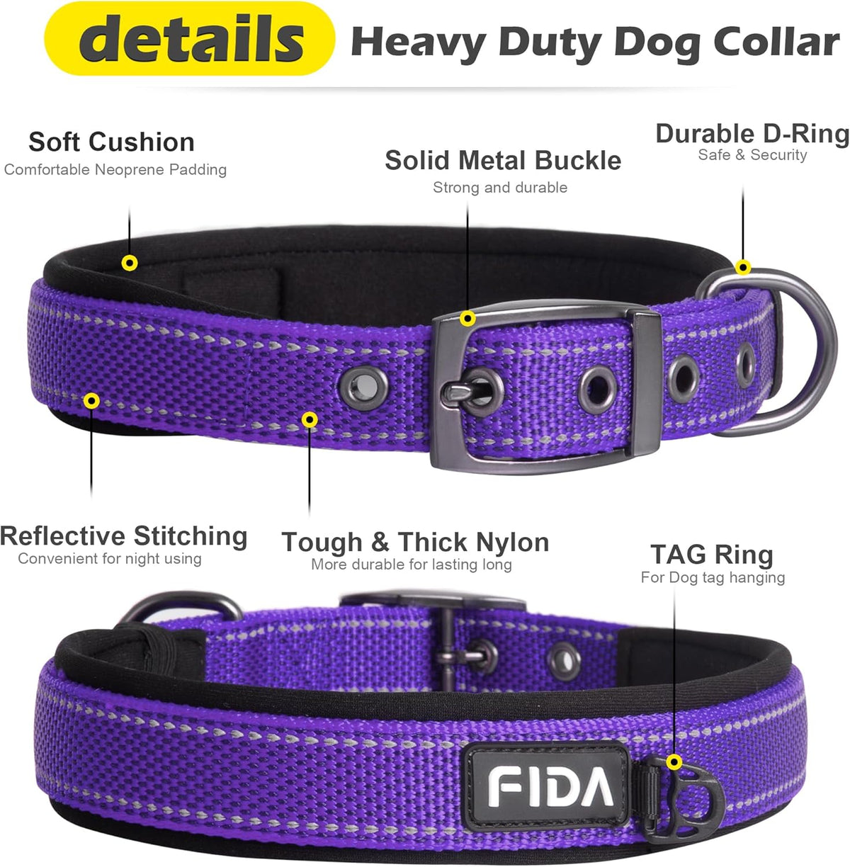 Fida Heavy Duty Dog Collar, Ultra Comfortable Soft Neoprene Padded, Adjustable Reflective Nylon Pet