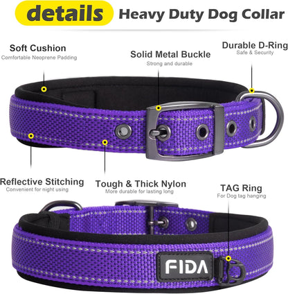 Fida Heavy Duty Dog Collar, Ultra Comfortable Soft Neoprene Padded, Adjustable Reflective Nylon Pet