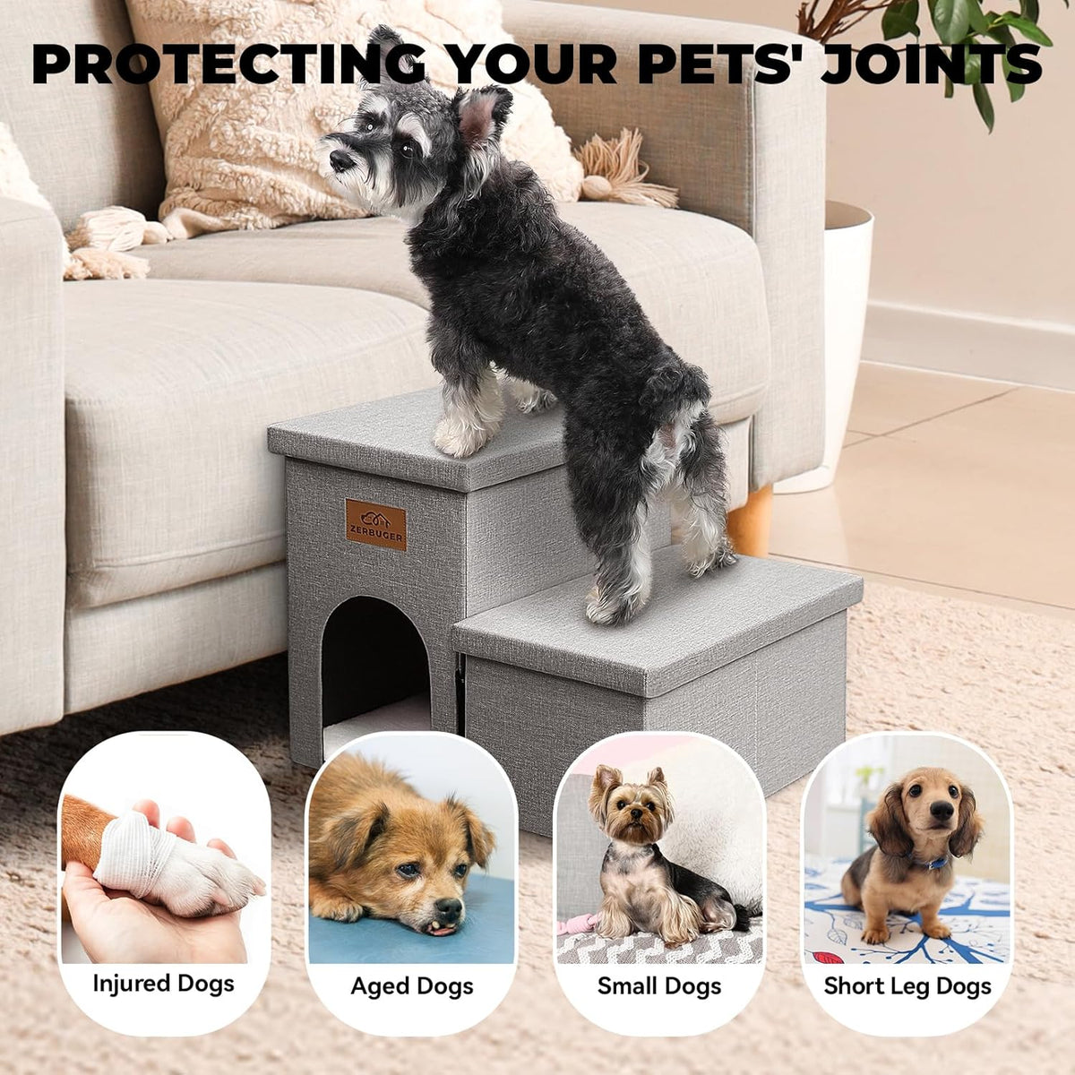Dog Stairs 15" H, 2-Step Wider Dog Steps for Small/Medium/Large Old Dogs Cats, Folding Sturdy