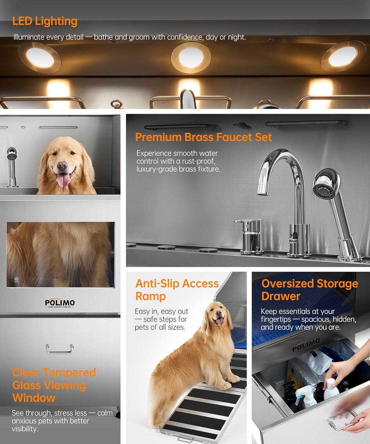polimo Dog Washing Station, LED Professional Stainless Steel Dog Bathing Station 50", Dog Grooming