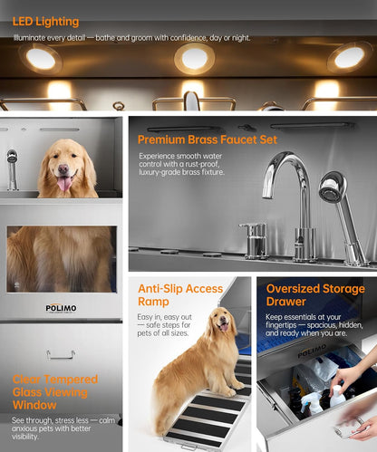 polimo Dog Washing Station, LED Professional Stainless Steel Dog Bathing Station 50", Dog Grooming