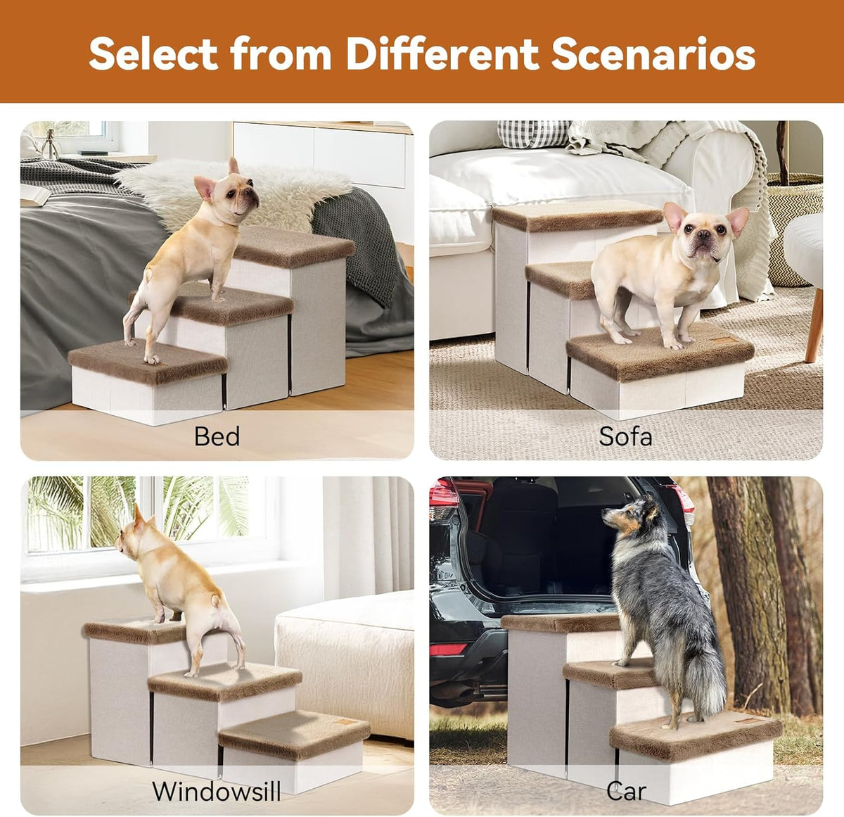 Dog Stairs with Furry Lids 18" H, 3-Step Wider Dog Steps with Storage for Small/Medium/Large Old