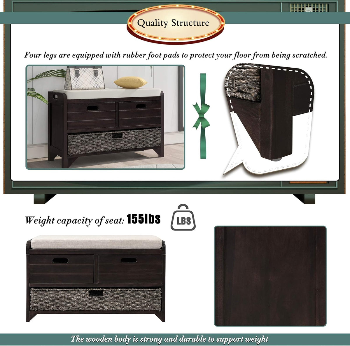 Storage Bench with Removable Basket 2 Drawers Fully Assembled Acacia Wood Shoe Bench Standing Shoe