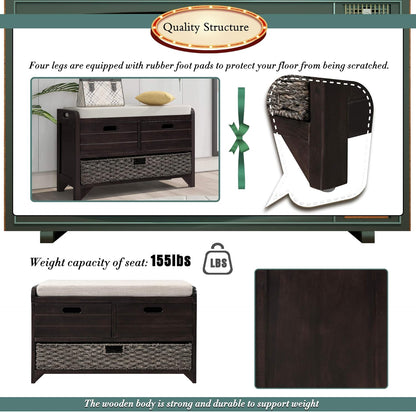 Storage Bench with Removable Basket 2 Drawers Fully Assembled Acacia Wood Shoe Bench Standing Shoe