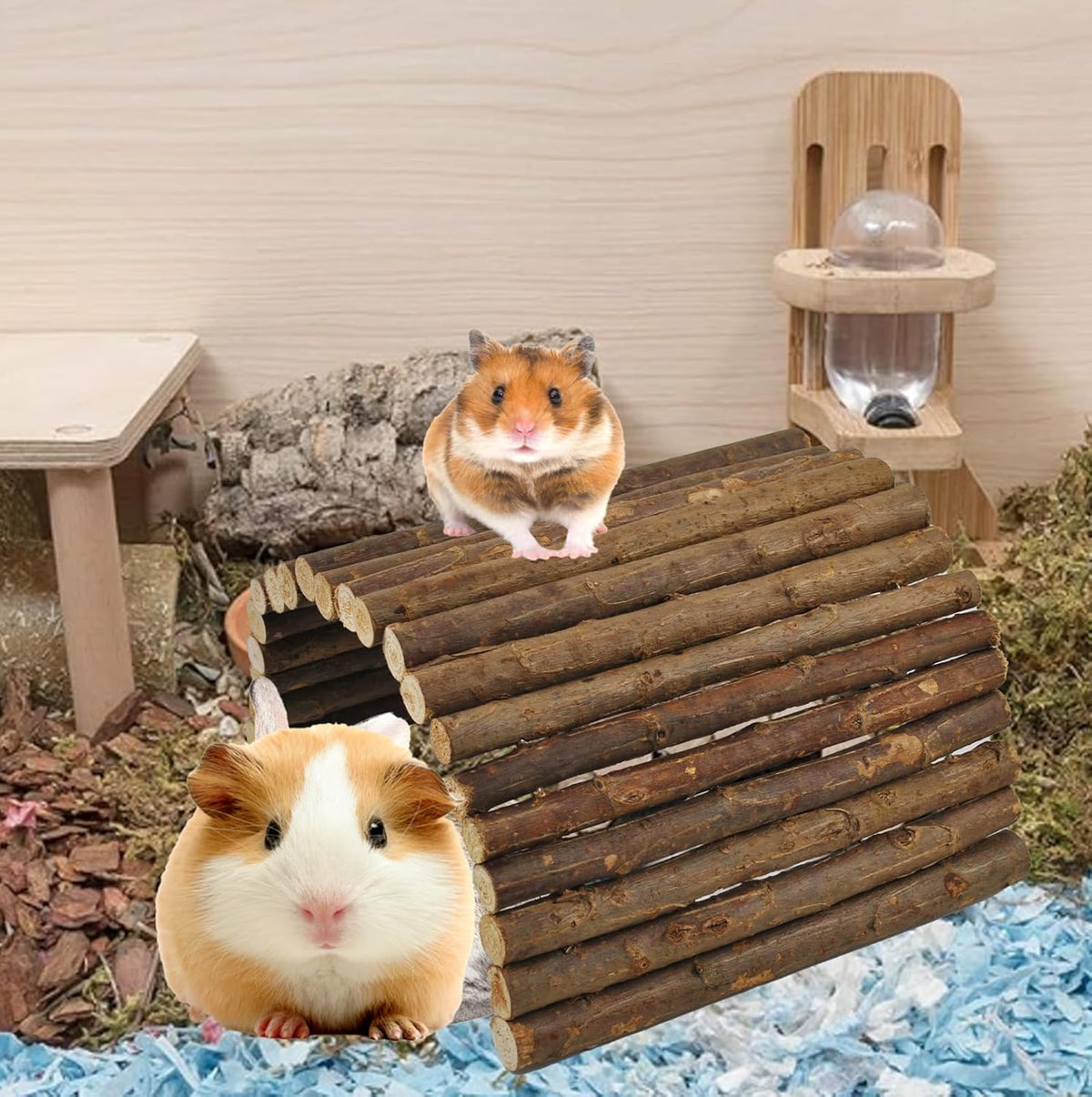 kathson Wooden Hamster Bridge,Guinea Pig Wood Ladder Bendable Tunnel Hideout Hut Small Animal