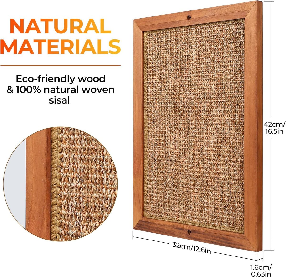 Cat Scratching Post - BXL, Natural Wooden Sisal Cat Wall Scratcher, Floor or Wall Mounted Vertical