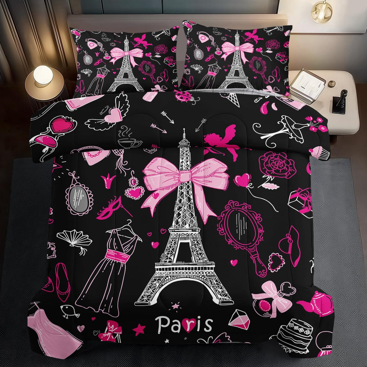 Eiffel Tower Comforter Set Twin Size,Eiffel Tower Bedding Set for Girls, Pink and Black Paris