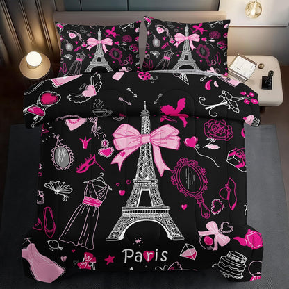 Eiffel Tower Comforter Set Twin Size,Eiffel Tower Bedding Set for Girls, Pink and Black Paris