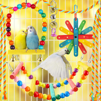 8 pcs Bird Toys for Parakeets with Colorful Ladder Hammock Bird Cage Accessories Bird Perch Stand