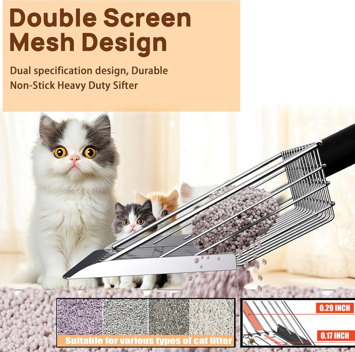 Heavy Duty Stainless Steel Cat Litter Scoop with Holder - Non-Slip Handle, Quick-Sifting Grid &