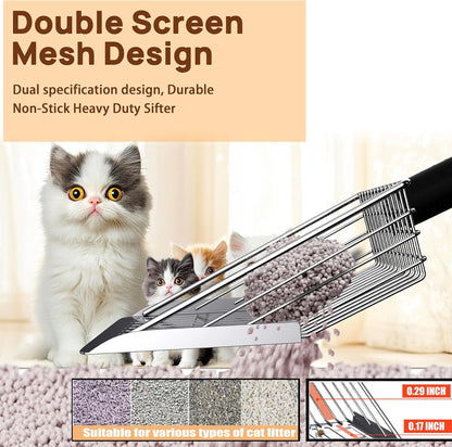 Heavy Duty Stainless Steel Cat Litter Scoop with Holder - Non-Slip Handle, Quick-Sifting Grid &