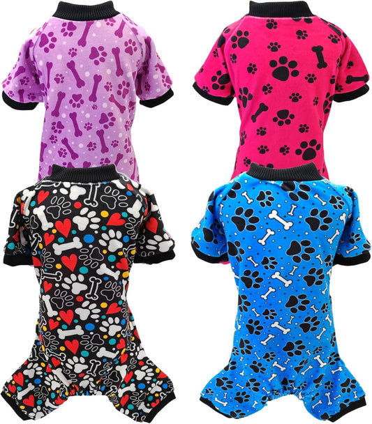 PET SHOW 4 Pack Small Dog Pajamas Paw Bone Patterns Cute Clothes for Medium Dogs Soft Fleece